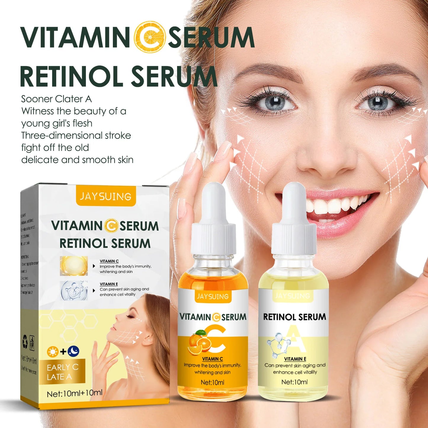 SUERO FACIAL BLANQUEADOR CON VITAMINA C, ACIDO HIALURÓNICO, SUERO PURIFICADOR Y ELIMINADOR DE MANCHAS OSCURAS 2 UNIDADES POR JUEGO.