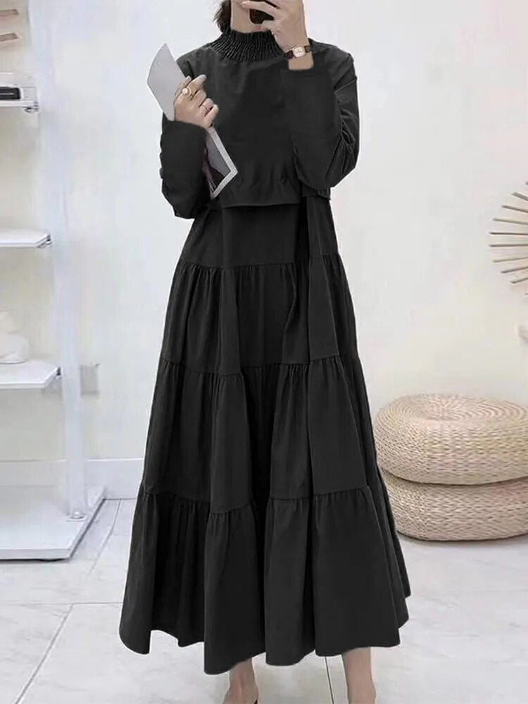 VESTIDO LARGO INFORMAL CON VOLANTES PARA MUJER.