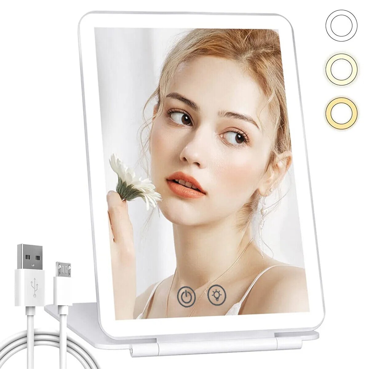 ESPEJO DE MAQUILLAJE PLEGABLE CON PANTALLA TACTIL, 3 MODOS DE LUZ, RECARGABLE POR USB.