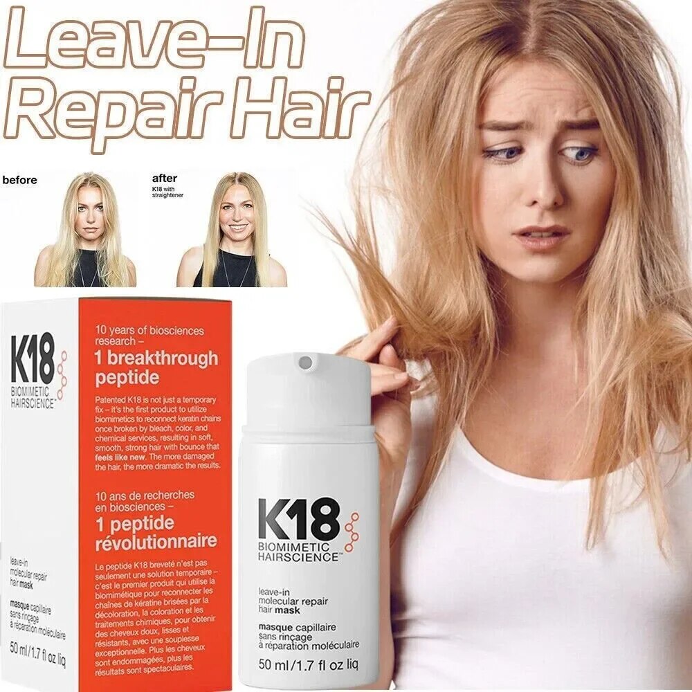 MASCARILLA DE REPARACIÓN MOLECULAR PARA CABELLO, 2 PIEZAS K18 DE 50ml. REPARACIÓN PROFUNDA DE QUERATINA Y CUERO CABELLUDO.