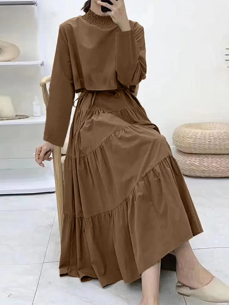 VESTIDO LARGO INFORMAL CON VOLANTES PARA MUJER.