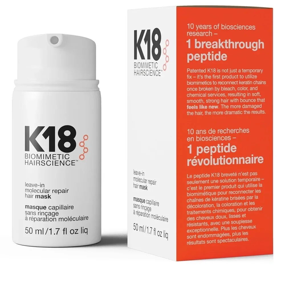 MASCARILLA DE REPARACIÓN MOLECULAR PARA CABELLO, 2 PIEZAS K18 DE 50ml. REPARACIÓN PROFUNDA DE QUERATINA Y CUERO CABELLUDO.