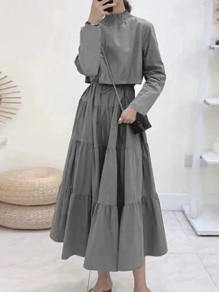 VESTIDO LARGO INFORMAL CON VOLANTES PARA MUJER.