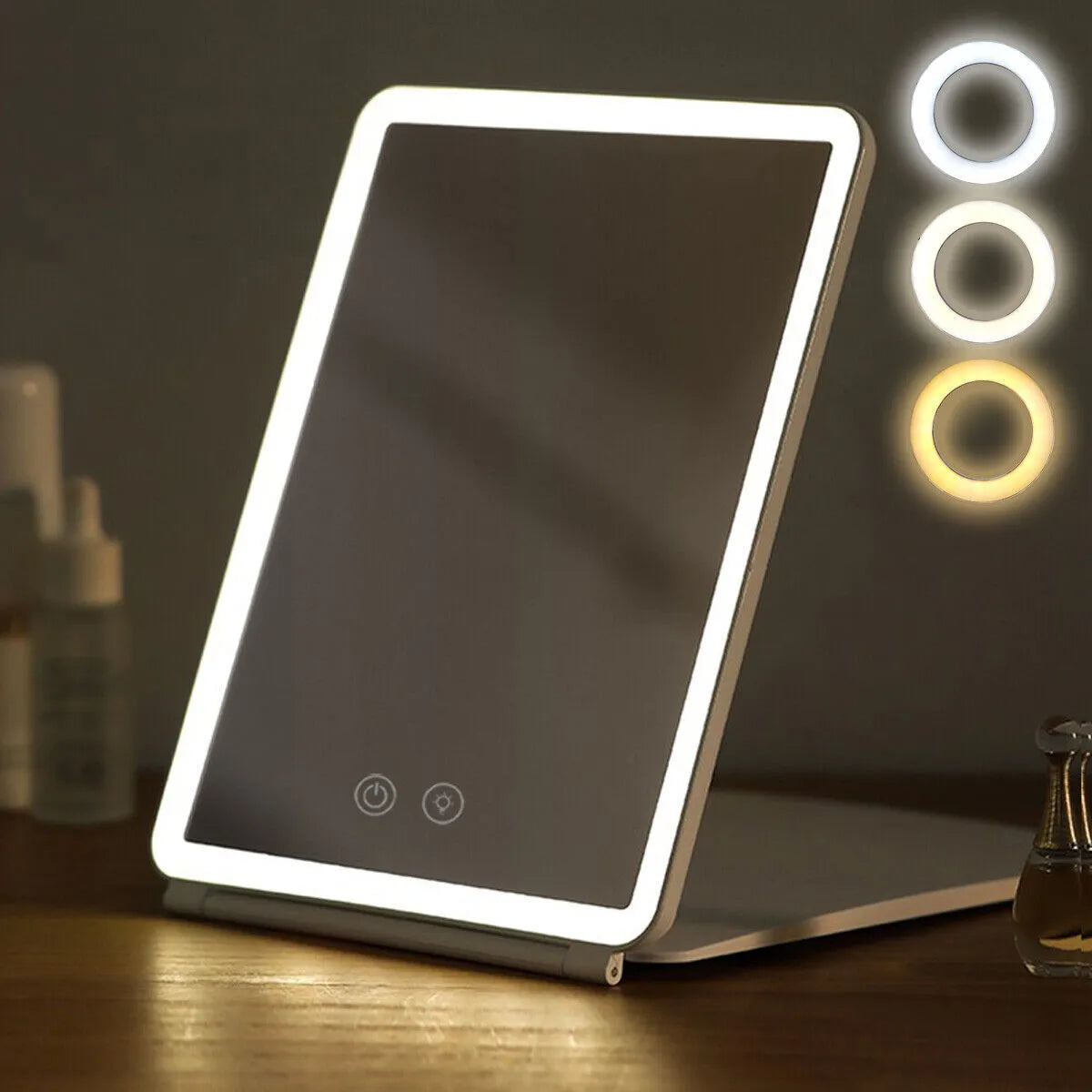 ESPEJO DE MAQUILLAJE PLEGABLE CON PANTALLA TACTIL, 3 MODOS DE LUZ, RECARGABLE POR USB.