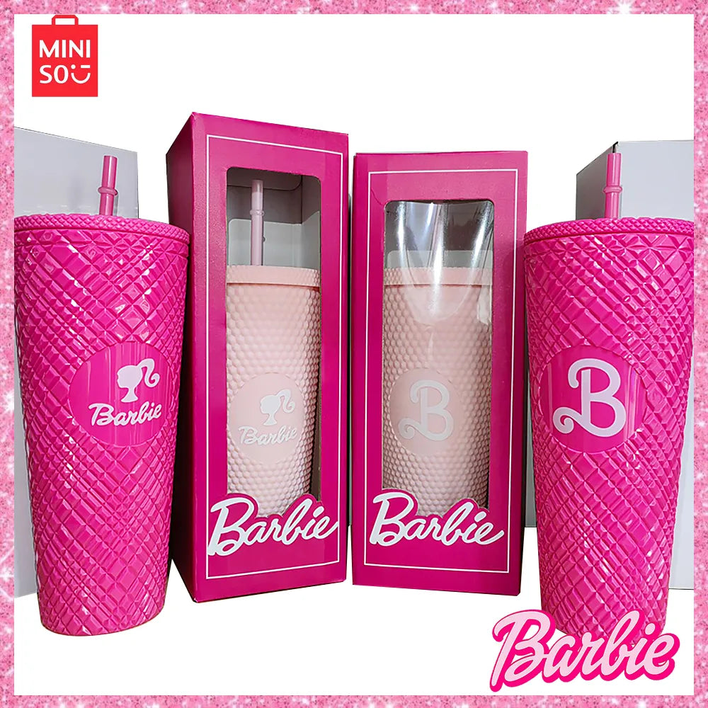 VASO DE BARBIE, PLÁSTICO DE DOBLE CAPA DE ALTA CAPACIDAD CON POPOTE, 800ML.